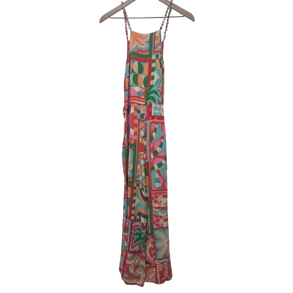 Farm Rio Anthropologie Cutout Halter Jumpsuit Med Brazilian Tropical Bold Print - Picture 9 of 14